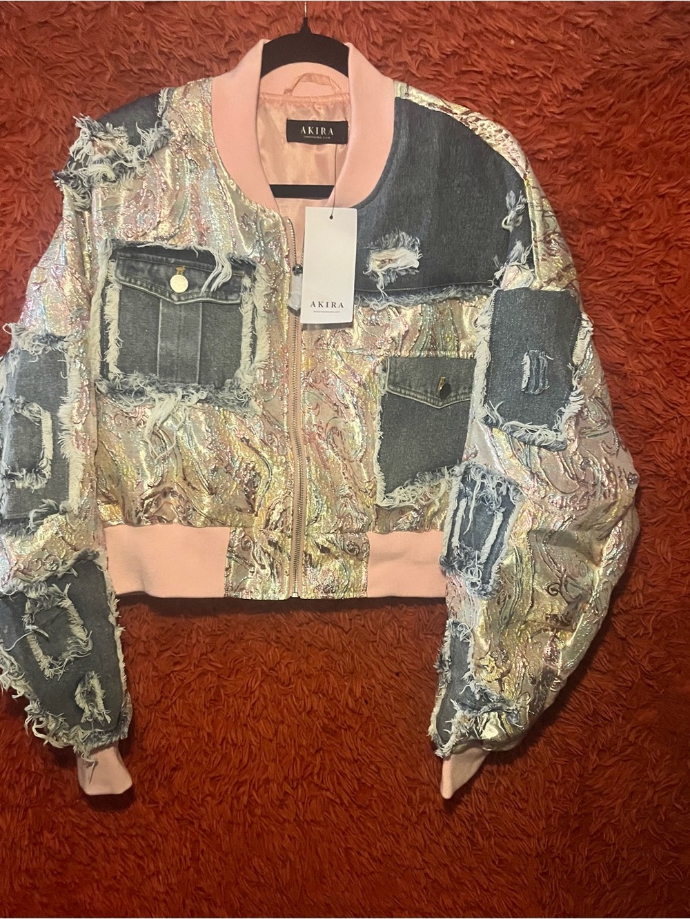 Akira Trendy Iridescent Paisley Bomber Jacket in Pink Trim Size Medium NWT